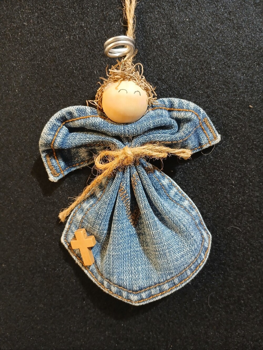 Handmade Pocket Blue Denim Angel Ornament with Wooden Cross